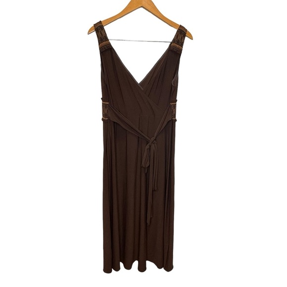 Adrianna Papell Brown Vneck Embroidered Sleeveless Maxi Dress w/ Tie 14 - Picture 2 of 10